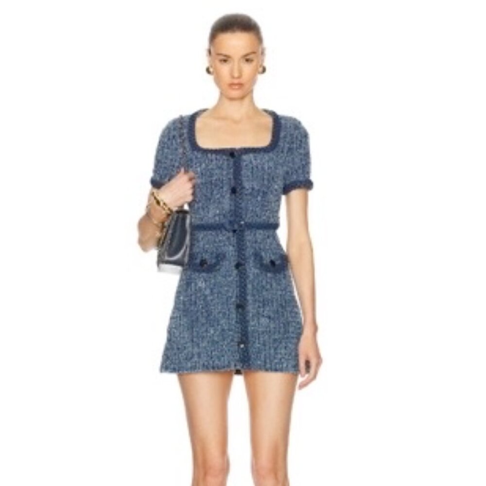 Self Portrait Textured Denim Short Sleeve Mini Dress